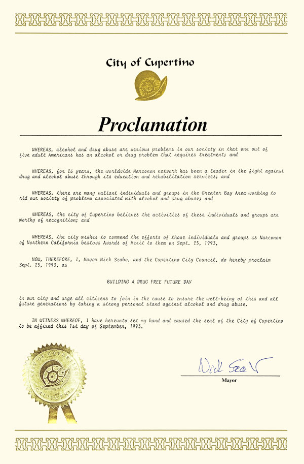 Cupertino California Narconon Recognition