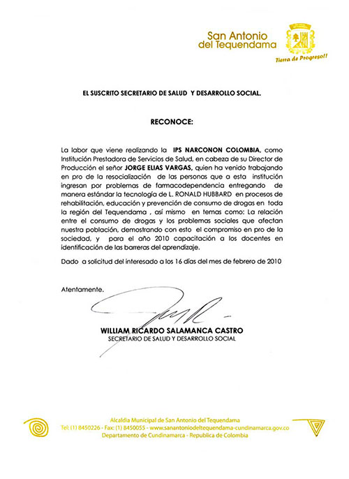Narconon Colombia Acknowledgement